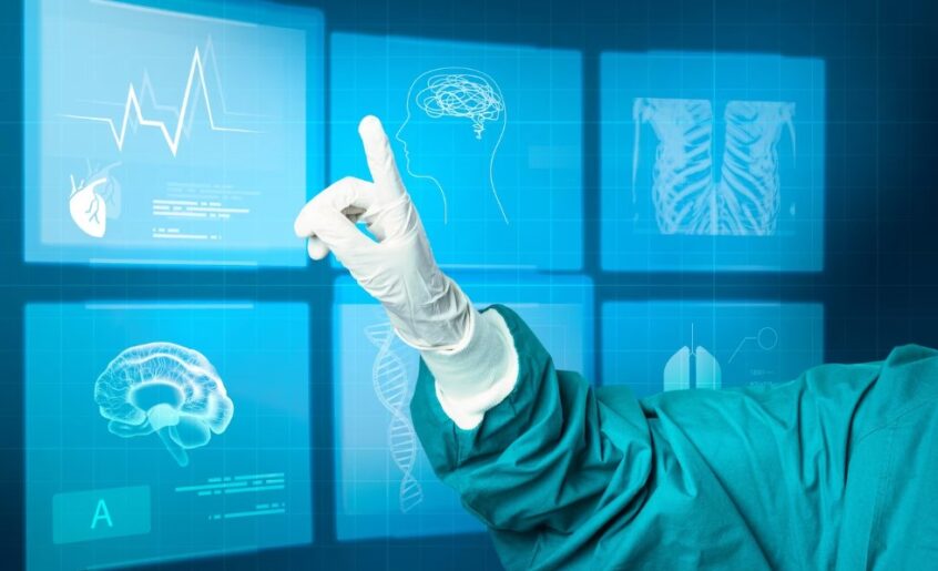 a hand in a medical glove pointing at multiple virtual screens with DNA, brain, heart, and rib cage illustrations