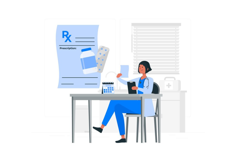 Illustration of a doctor at a desk with a giant prescription note